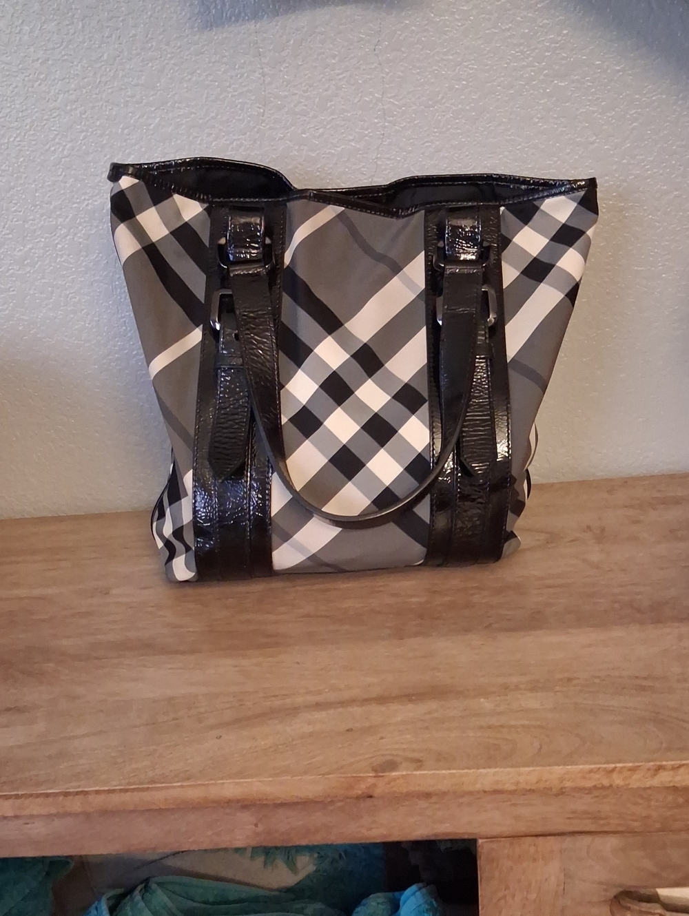 Classic Check Pattern Nylon & Patent Leather Tote Bag in Gray and Black